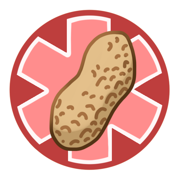 a red circle with a large medical alert asterisk inside it, and a peanut pictured in the center.